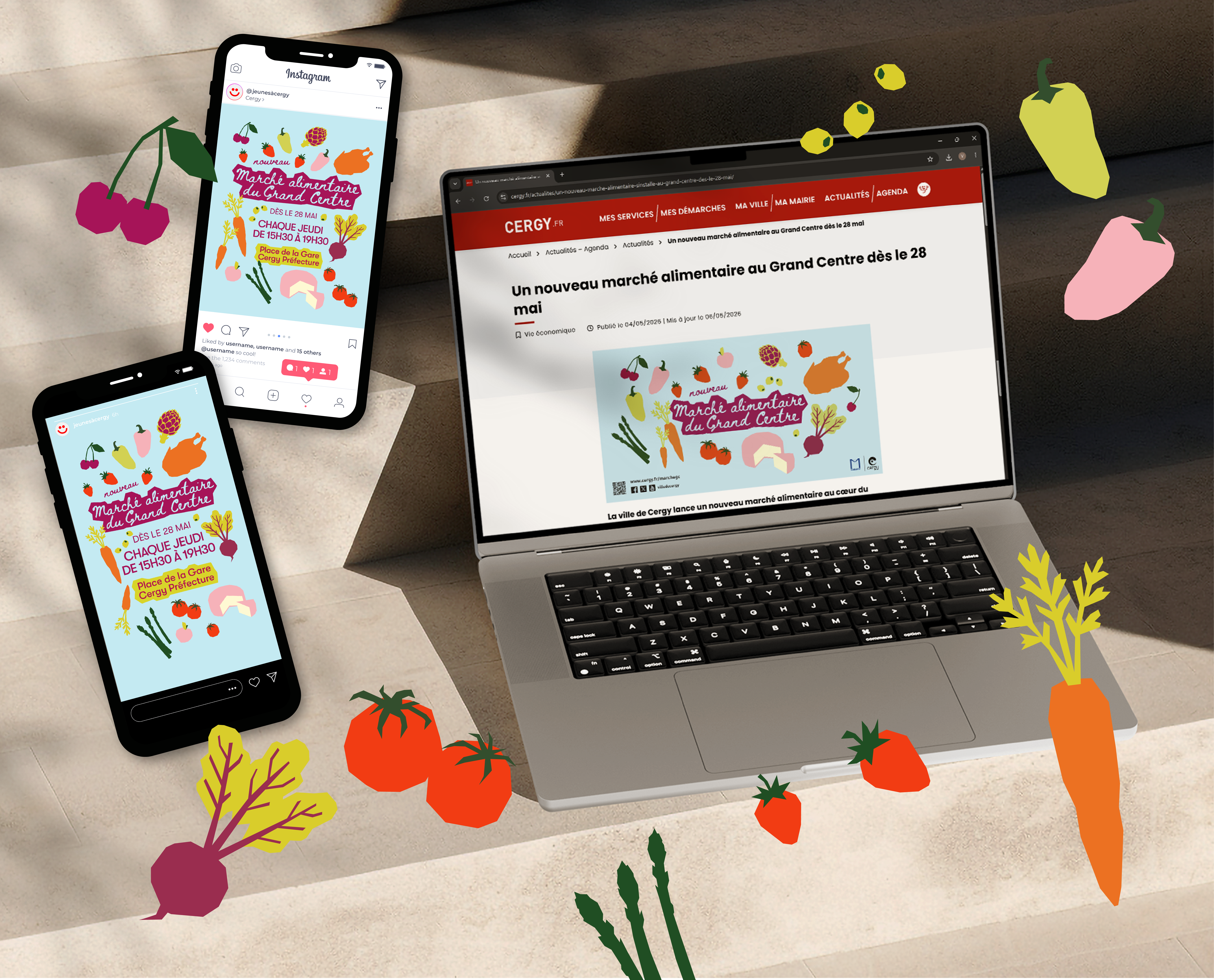 Déclinaisons web de la DA du nouveau marché alimentaire de Cergy